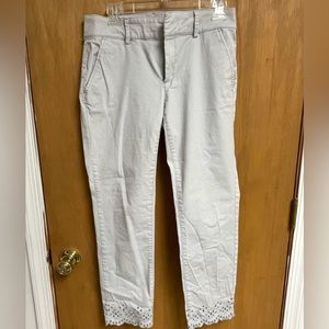 Light Grey Loft Cropped Pants with Cutout Lace Pattern Around Legs